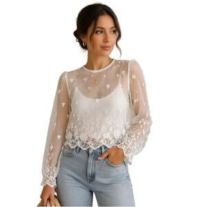 Story On White Sheer Embroidered Blouse Size S Floral Lace Mesh Romantic Top